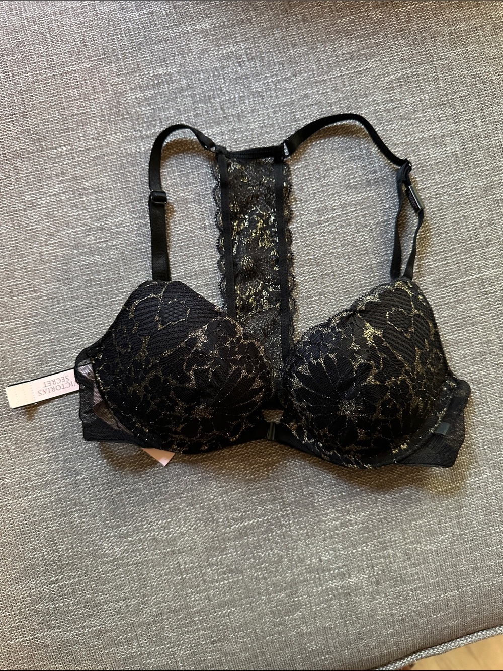 Victoria's Secret Black Lace Racerback Push-Up Bra with Gold Accents